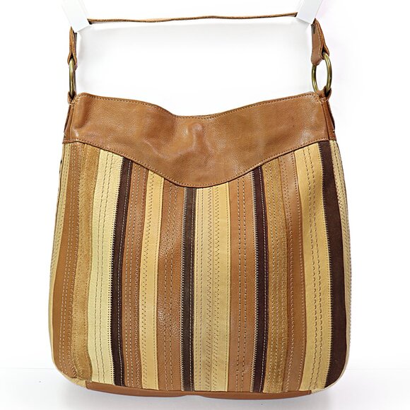 Fossil Leather & Suede Striped Hobo Bag Studded Riveted Brown & Tan Shoulder Bag - Picture 4 of 12